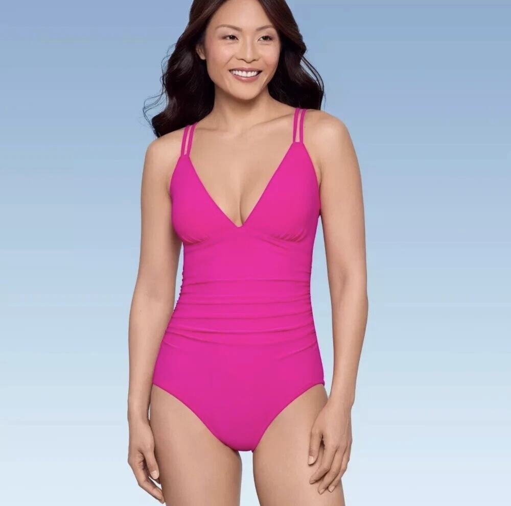 Aqua Green Small 4-6 V-Neck & Shirred Sides Full Coverage Hot Pink 1 Pc Swimsuit